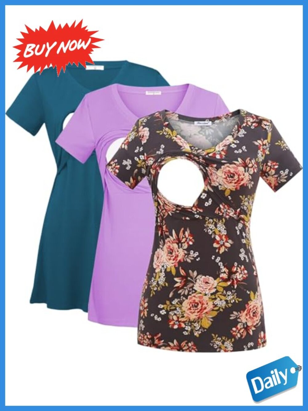 Women's 3-Pack V-Neck Nursing Tops Maternity Breastfeeding Tees